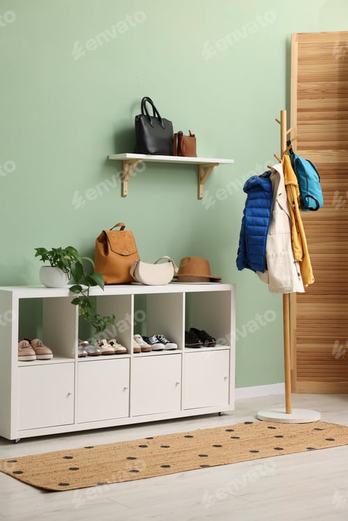 Preview: Shoe storage with different footwear, coats on rack and houseplant in hallway. Interior design