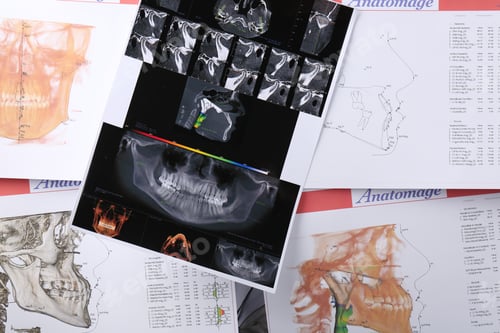 Preview: Panoramic x-ray and dental anatomy charts as background, top view