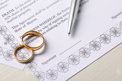 Preview: Marriage contract, gold rings and pen on light wooden table, closeup