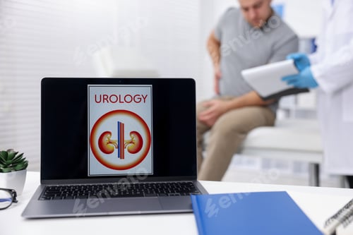 Preview: Man having appointment with urologist in clinic, focus on laptop with picture of kidneys and noteboo