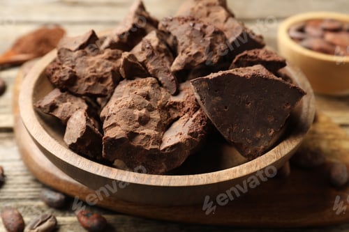 Preview: Chocolate chunks and cocoa beans on wooden table, closeup