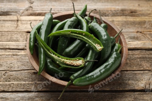 Preview: Fresh green chili peppers on wooden table, closeup