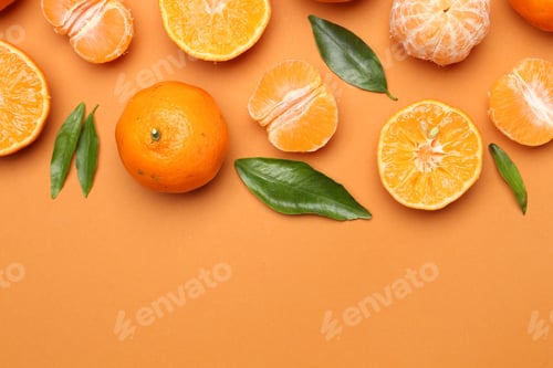 Preview: Fresh tangerines and green leaves on orange background, flat lay. Space for text