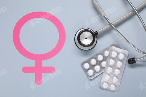 Preview: Female hormones. Many pills, stethoscope and female gender symbol on grey background, top view