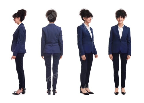 Preview: Beautiful woman in stylish suit on white background, collage. View from different sides