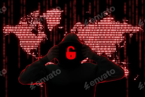 Preview: Cyber attack. Hacker with lock instead of face. World map of binary code behind him