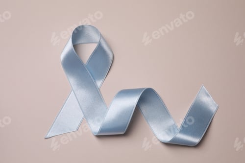 Preview: International Psoriasis Day. Light blue ribbon as symbol of support on beige background, top view
