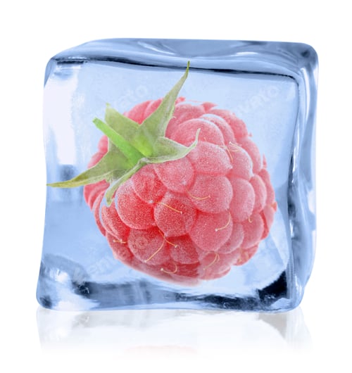 Preview: Ripe raspberry in ice cube on white background