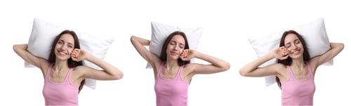 Preview: Young woman with pillow on white background. Collection of portraits