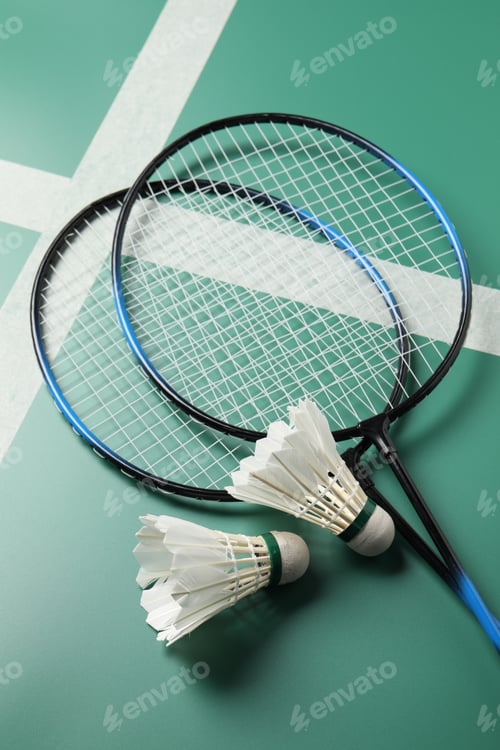 Preview: Feather badminton shuttlecocks and rackets on green table