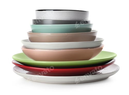 Preview: Stack of clean dishes isolated on white