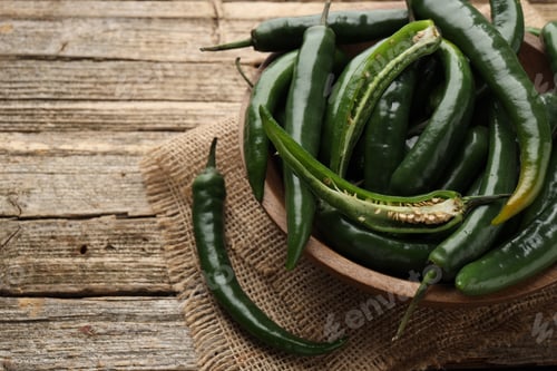 Preview: Green chili peppers on wooden table, closeup. Space for text