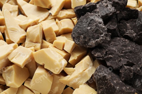 Preview: Organic cocoa butter and chocolate pieces as background, closeup
