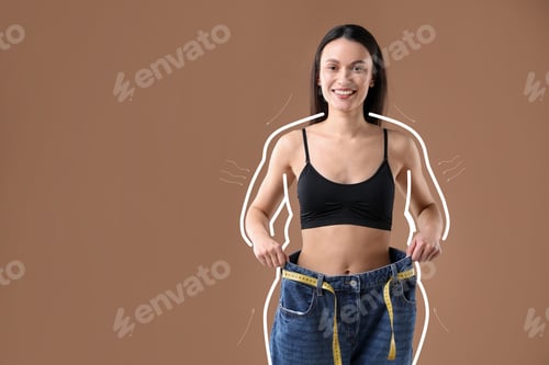 Preview: Woman happy with her weight loss result on brown background. Outline around her body representing pr