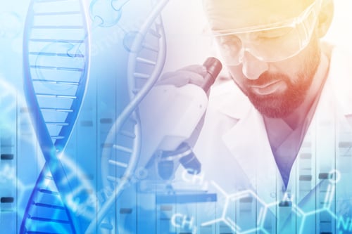 Preview: Scientist using microscope, double exposure with DNA helixes and molecules. Medical poster for genet