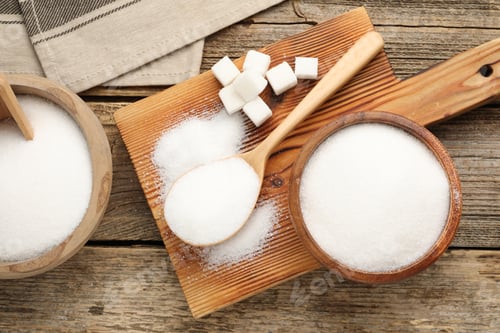 Preview: Granulated sugar in spoon, bowls and cubes on wooden table, flat lay