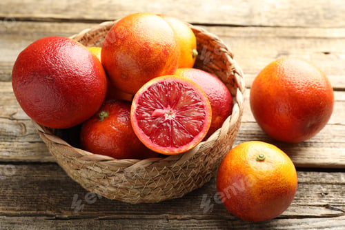 Preview: Whole and cut Sicilian oranges on wooden table, closeup