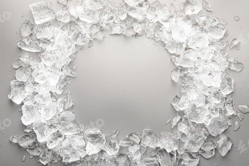 Preview: Frame of crushed ice on grey background, top view. Space for text