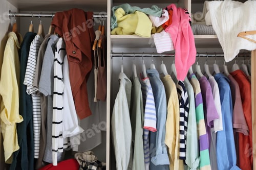 Preview: Many different messy clothes in wardrobe indoors