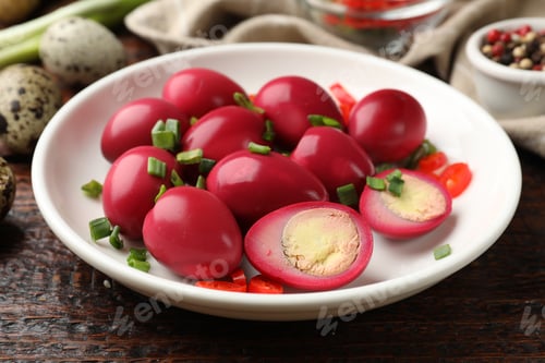 Preview: Pickled quail eggs and ingredients on wooden table, closeup