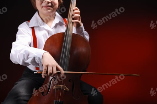 Preview: Little boy playing violoncello on dark red background, closeup