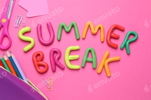 Preview: Words Summer Break made of colorful plasticine and school supplies on pink background, flat lay