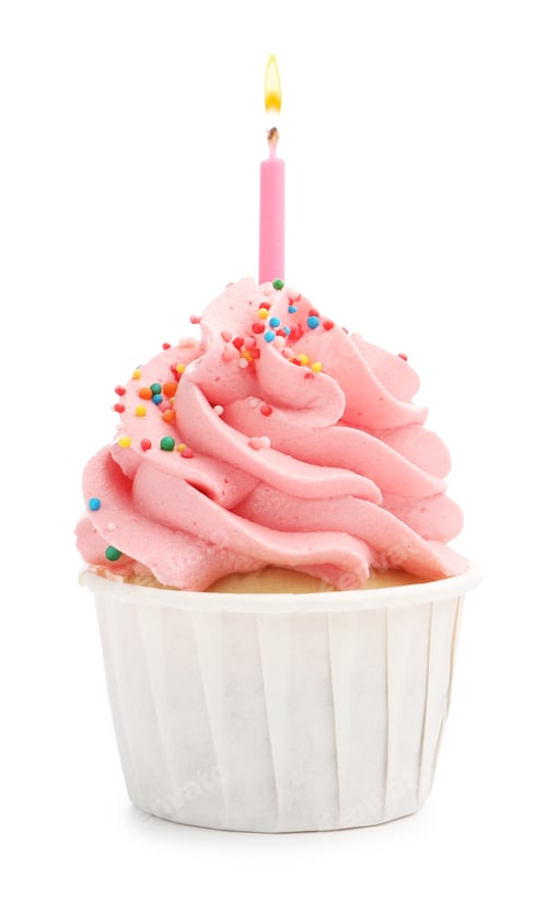 Preview: Yummy cupcake with sprinkles and burning candle isolated on white