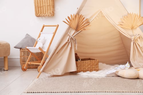 Preview: Stylish wigwam with dry leaves in child's room