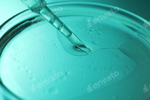 Preview: Dripping liquid from pipette into Petri dish on turquoise background, closeup