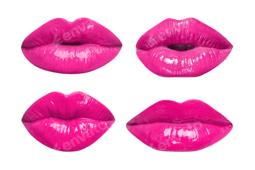 Preview: Female lips with bright magenta lipstick isolated on white, collage