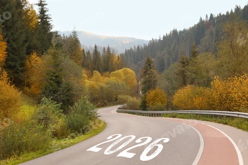 Preview: 2026 on asphalt road in mountains. Hope and expectation for new year