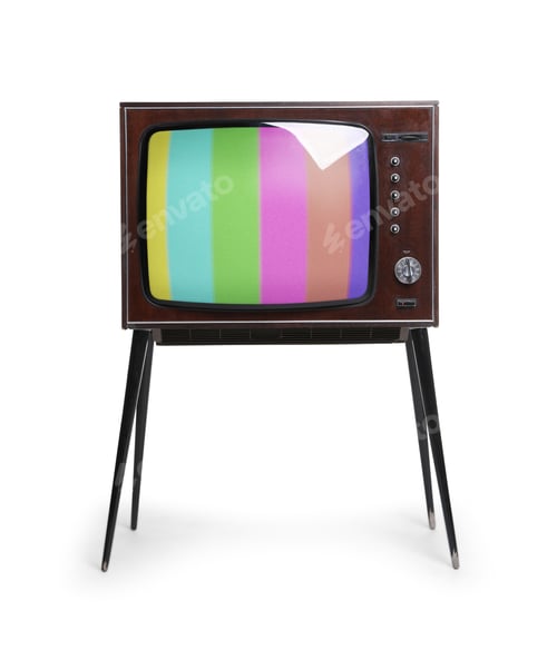 Preview: Old TV with color bars test card on screen. White background