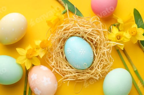 Preview: Painted Easter eggs and beautiful daffodils on orange background, flat lay