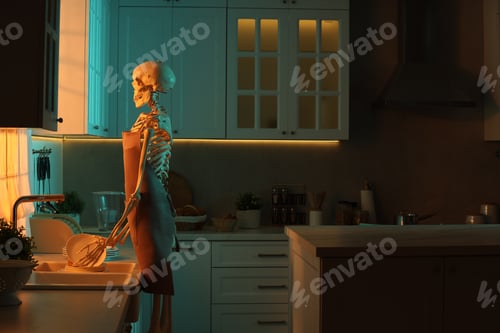 Preview: Human skeleton washing dishes in kitchen sink at night