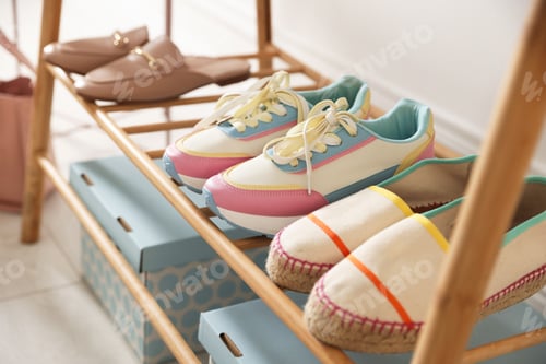 Preview: Different shoes on shelf in room, closeup