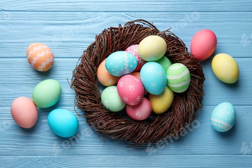 Preview: Beautiful decorated Easter eggs on light blue wooden table, flat lay