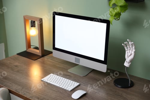 Preview: Stylish workplace with modern computer, lamp, houseplant and stationery on wooden table indoors