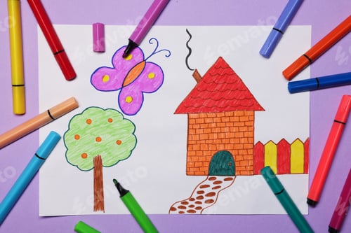 Preview: Child's drawing and felt-tip pens on violet background, flat lay