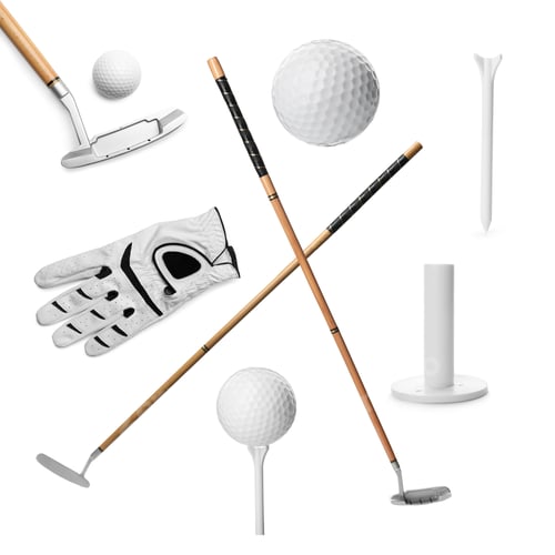Preview: Golf club, ball, tee and glove isolated on white, set