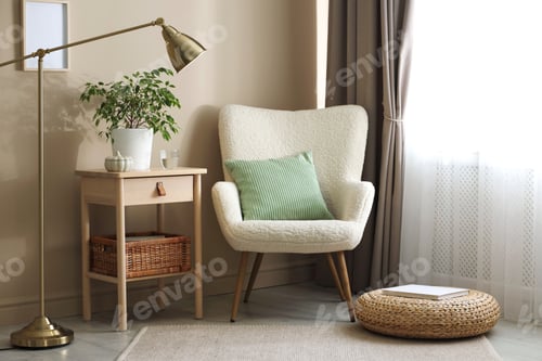 Preview: Stylish floor lamp, armchair, houseplant and wooden table indoors. Interior design