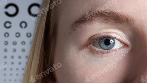 Preview: Vision check-up by ophthalmologist. Woman and eye chart, selective focus
