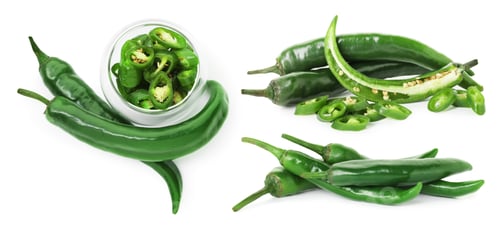 Preview: Green chili peppers isolated on white, set