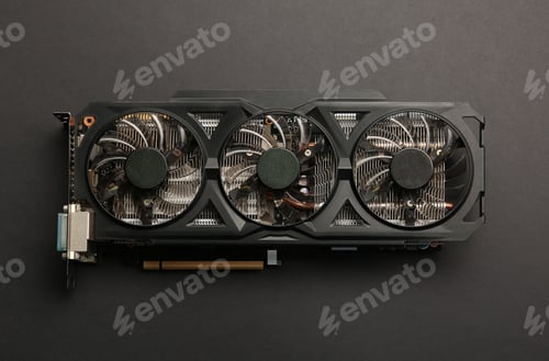 Preview: One graphics card on black background, top view