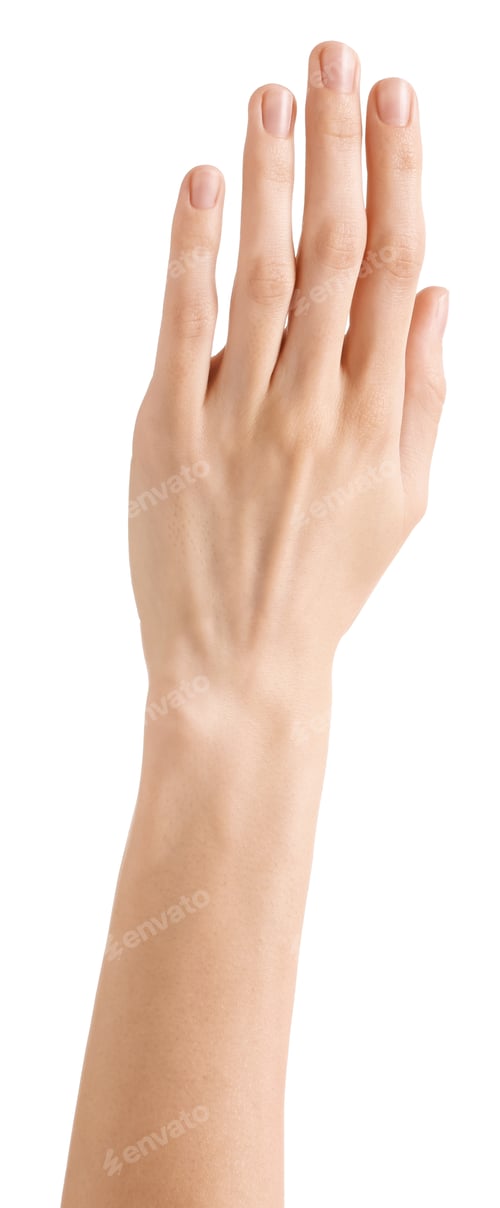 Preview: Woman with raising hand on white background, closeup