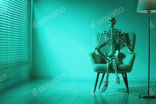 Preview: Waiting concept. Human skeleton sitting in armchair indoors, space for text