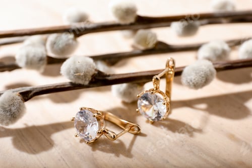 Preview: Pair of golden earrings with diamonds and willow branches on light wooden table, closeup