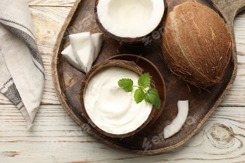 Preview: Tasty coconut yogurt with melissa leaves in shell and nuts on white wooden table, flat lay