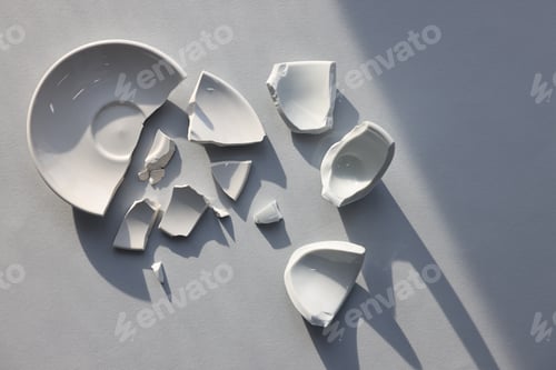 Preview: Pieces of broken saucer and cup on light grey background, flat lay