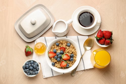 Preview: Tasty breakfast with oatmeal served on wooden table, flat lay