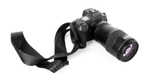 Preview: Modern camera with strap isolated on white
